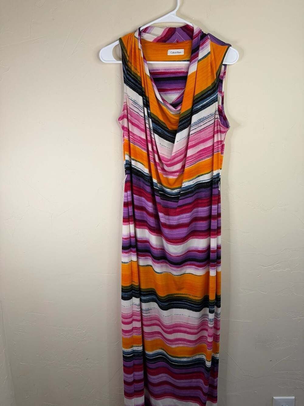 Calvin Klein S 4 Pink Orange Stripe belt maxi Dress Cowl Neck Stretch Comfort